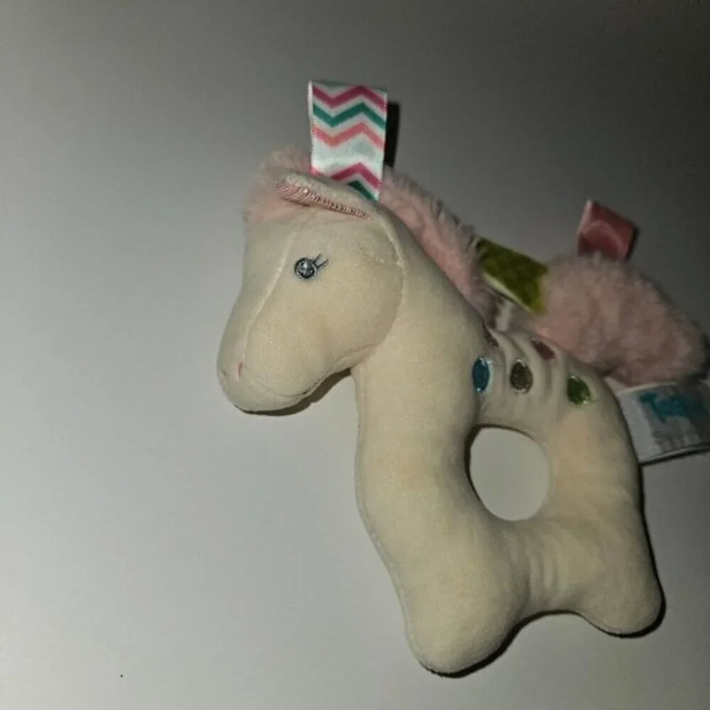 Taggies Mary Meyer Painted Pony Rattle Plush Baby Toy White Horse Ring Loop Pink